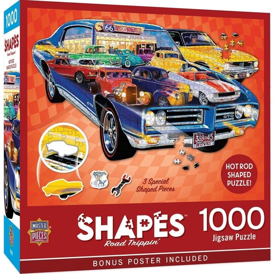 MasterPieces; Contours Road Trippin 1000 Piece Hot Rod Shaped Jigsaw Puzzle Recycled Material; Category:Puzzle Games; Image:1